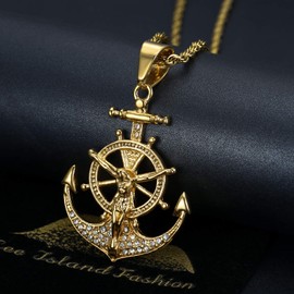 Lee Island Fashion CZ Lord Jesus With Vintage Nautical Anchor Pendant Stainless Steel Necklace For Men, 24 Inch Chain Crucifix Cross Catholic Christian Jewelry Gift