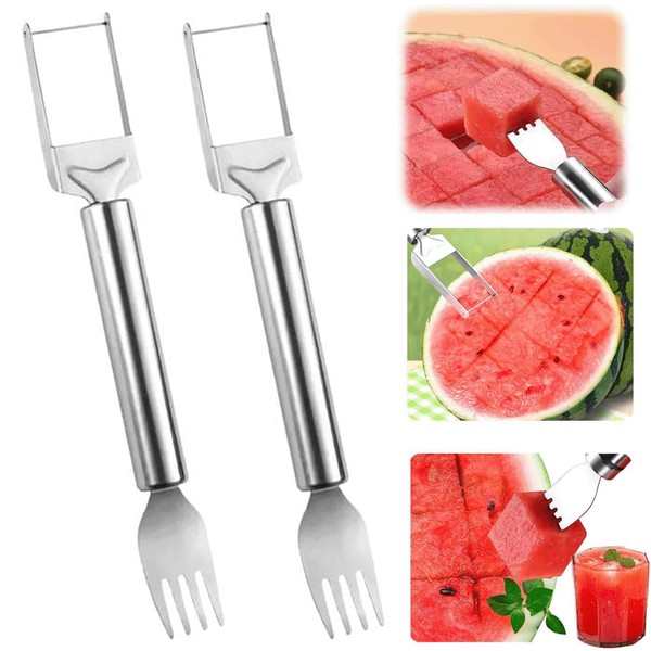 2Pcs Watermelon Fork Slicer Cutter 2-in-1 Stainless Steel Fruit Cutter