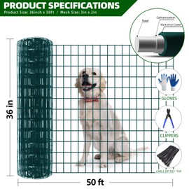 GILPWA Welded Wire Fence, 50ft(L) x 36inch(H) PVC Coated Wire Fencing for Dog, 2 Inch x 3 Inch 16GA Fencing for Chicken, Anti-Rust Roll Metal Wire Mesh Fence for Yard Vegetable, Green