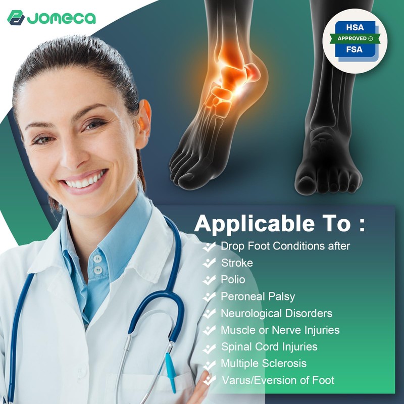 JOMECA Drop Foot Brace with Arch Support, Medical Grade Adjustable