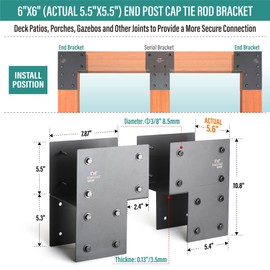 AJOVW 2 Pack 6''x6''(Actual Size 5.5''x5.5'') Heavy Stainless Steel End Post Cap Tie Brackets, for Decks, Porches, Gazebos, etc Wood Post and Beam Post Beam Connectors (Black)
