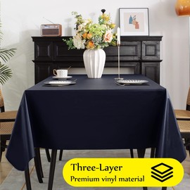 SASTYBALE Vinyl Tablecloth with Flannel Backing Waterproof Oil-Proof Plastic Tablecloths for Rectangle Tables, Wipeable PVC Table Cloths for Kitchen Dining Indoor Outdoor (Navy Blue, 60 x 120 Inch)