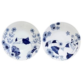 j-pure hitomi Japanese Mino Ware Porcelain Small Plates Set, Friendly Black, Tabby Cat Design 5.35 x H0.98 Inches, Set of 2, from Japan (Small, Cat, Flower Design)