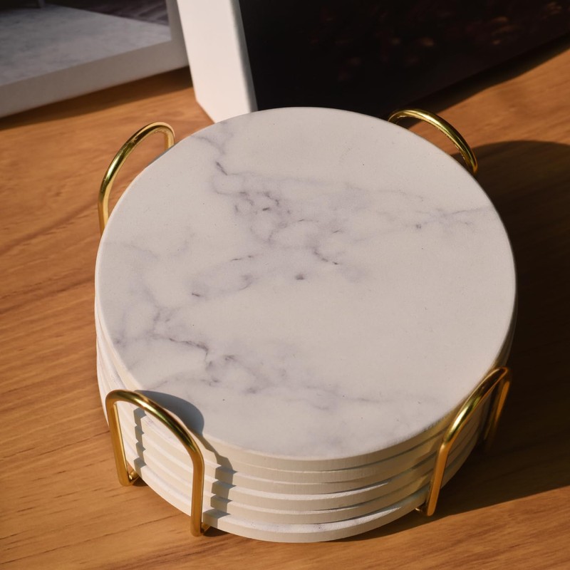 6Pcs Drink Coasters with Holder, Round Marble Style Ceramic Drink