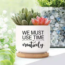 DecStic We Must Use Time Creatively Planters Ceramic Bible Verse Round Flower Pot with Drainage Holes and Bamboo Tray Pot for Indoor Outdoor Garden