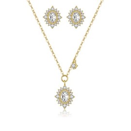 DeScount Dainty CZ Necklace and Stud Earring Jewelry Set for Women,18K Gold Plated Bridal Wedding Pendant Necklace Stud Earrings Jewelry Sets, 15.7, Brass, No Gemstone