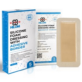 Hilom Silicone Foam Dressing with Adhesive Border 4 in x 10 in (5 Pack) Waterproof Dressing | Moist to Heavily Draining Wounds Including Pressure Ulcer, Burns, or Lacerations | Latex Free