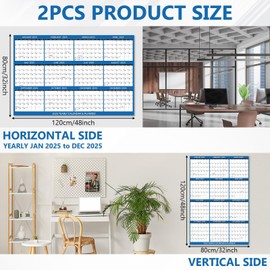 48 x 32in 2025 Wall Calendar Erasable Large Wet & Dry Erase 2pcs 12 Month Annual Yearly Wall Planner Laminated Paper Wall Calendar 2025 for School Home Office Organizing Planning, Horizontal Vertical