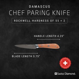 Swiss Diamond Paring Knife, German Steel with Carbonized Ash Wood, Full Tang Handle, Damascus Blade Chef Knives Professional Grade, 55+2 Rockwell Hardness, 4.5 Inch