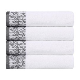 Superior Cotton Bath Towels, Set of 4, Floral Jacquard Dobby Border, Body Towel for Bathroom, Guest Bath, Resort, Hotel, Airbnb, Home Essentials, Adult and Kids, Wisteria Collection, White/Grey