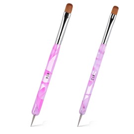 French Tip Brush 2PCS Acrylic Nail Art Brushes & Dotting Tool Double Ended Liner Brush for Nails Gel, Pink Marble Professional Manicure Pens #14 & #16 Nail Detailed Design Brushes for French Nail Tip