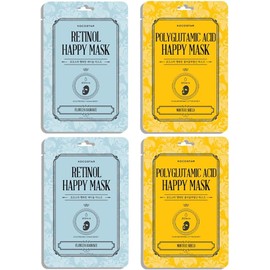 Kocostar I Koreanische Gesichtsmasken: Retinol Happy Mask und Polyglutamic Acid Happy Mask, Behandlung mit glättender Wirkung, verleiht Glanz, Elastizität und intensive Feuchtigkeit, 4 Stück