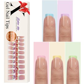 Gel X French Tip Nails Medium Square French Tip Press on Nails SXVME White French Nail Tips 150Pcs Pre-applied Tip Primer Natural Skin Tones Fake Nails Extensions Gel X Nail Kit for Women Girls DIY