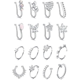 MILACOLATO 16Pcs Nose Cuff Fake Nose Ring Hoop Clip on Nose Ring Cubic Zirconia Fake Septum Nose Ring Cartilage Tragus Ring Nose Cuff Non Piercing for Women Men Silver