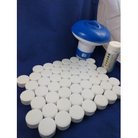 Premier Blue 50x20g Chlorine Tablets Pool Hot Tub Spa inc Dispenser and Testing strips FULL KIT