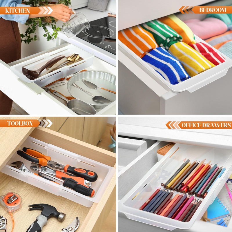 Gulfmew 1 Pack Deep Drawer Organizer Bins, Adjustable Sliding Drawer