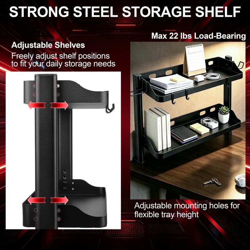 Clamp On Desk Shelf Organizer, 2-Tier Storage with Hooks