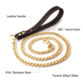 Dog Lead Chain, 1.3 m / 4 ft Metal Dog Training Lead with PU Leather Handles for Small Medium Large Heavy Dogs