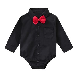 Baby Boy's Button-Down Shirt Newborn Jumpsuit Long Short Sleeved One-Piece Gentle Man Outfit (12-18 Months, B1956, Black)