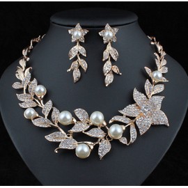 Janefashions Sexy Flower Faux Pearl Austrian Rhinestones Bib Necklace Earrings Set Prom N924 (Rose Gold)