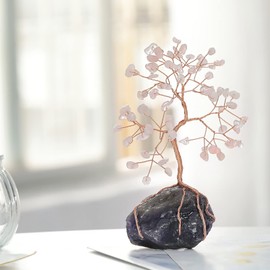 Cheungshing 6-7” Natural Healing Crystal Bonsai Tree with Irregularity Amethyst Raw Stone Table Desk Home Decoration, Rose Quartz