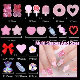 3D Pink Color Gummy Nail Charms, Assorted Acrylic Gummy Bear Heart Star Nail Art Charms, Lollipop Donuts Candy Nail Charms, Cute Nail Jewelry Charms for Nails Art Supplies DIY Design