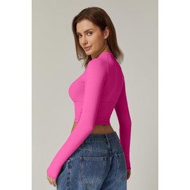 QINSEN Round Neck Seam Cup Tee Shirts for Women Long Sleeve Fitted Crop Tops Winter Double Lined Basic Tops Magenta XS