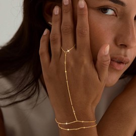 Tewiky Gold Dainty Ring Bracelet Hand Chain for Women - 14K Gold Plated Layered Adjustable Satellite Bead Paperclip Dot CZ Link Hand Chain Bracelets Non Tarnish Trendy Jewelry Gift GD2A