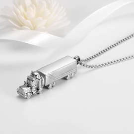 QGJNSGC Urn Necklace for Ashes for Men 18 Wheeler Semi Truck Cremation Jewelry Urn Pendant Keepsake Memorial Locket Necklace for Women Gifts (Silver)