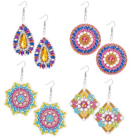 JSRQT 4 Pairs Diamond Art Painting Earrings, Set with 5D Diamond Earrings, Double-Sided DIY Painting Earrings, Vintage Earring Making Set, Boho Earrings for Women Girls