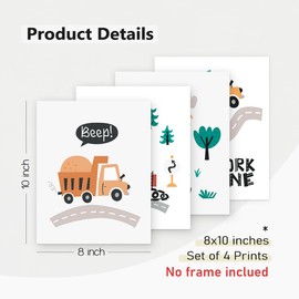 PLKMN Toddler Boy Room Decor, Tractor Dump Truck Wall Art, Boys Room Decor Set of 4, Decor for Kids Boys Nursery Bedroom Decorations, Little Boy Room Decor, 8x10 Prints Unframed Art