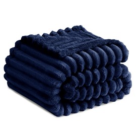 RUIKASI Fleece Throw Blanket for Sofa - Single Fluffy Navy Blue Throws for Sofas Large, Soft Warm Blanket Throw for Couch, Luxury Decorative Ribbed Bed Blanket 130x150cm