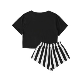 Hilinker Womens Letter Graphic 2 Piece Pajamas Short Sleeve Top with Stripe Shorts Loung Set Black Stripe Large