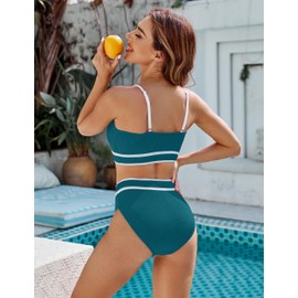BMJL Women's High Waisted Bikini Ribbed Two Piece Swimsuit High Cut Color Block Adjustable Straps Bathing Suit(L,Dark Green Blue)
