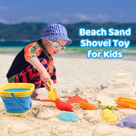 Beach Sand Toys for Kids with 2 Collapsible Beach Sand Buckets, Big Size Sand Molds, 2 Mesh Shell Bags, Shovels Toy Set Summer Travel Beach Essentials Sandbox Outdoor Toys for Toddler Ages 3-10