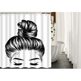 Moslion Girl Bath Shower Curtain Set Sketch of Woman Fashion Bun Perfect Eyebrow Eyelash Shower Curtains Home Decorative Extra Long Polyester Fabric Shower Curtain with Hooks 72x72 Inch Black White