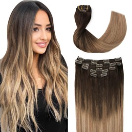 Sindra Clip-In Real Hair Extensions Real Hair Natural Hair Extensions 55 cm 6 Pieces 120 g Real Human Hair Extensions Straight Balayage Dark Brown to Dirty Blonde C#2/6/18 22 Inches