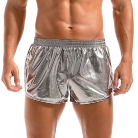 Amy Coulee Mens Metallic Shorts Rave Shiny Hot Pants Sparkly Sexy Boxer Shorts with Pockets (Gray, L)