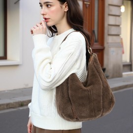 JANLOVE Faux Fur Purse for Women, Fluffy Fuzzy Tote Furry Should Crossbody Bag Handbags, Coffee