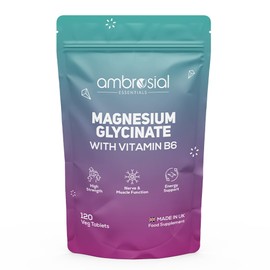 Ambrosial Magnesium Glycinate with Vitamin B6 – High Strength Formula – Non-GMO, Gluten Free, Letterbox-Friendly Pouch - Made in UK – 120 Vegan Tablets