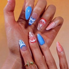 ANDGING Almond Press on Nails Short Medium Orange Blue Glue on Nails with Leaf Fruit Designs Fake Nails for Women Wedding Acrylic Full Cover False Nails Manicure Fantasy Stick on Nails