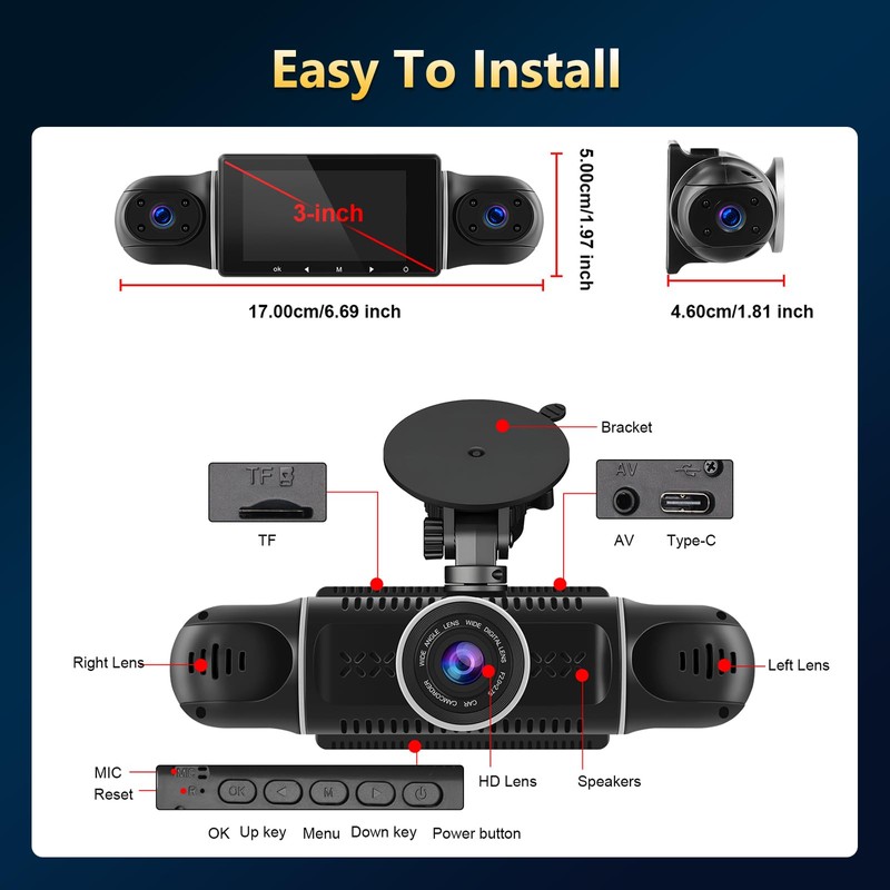 WiFi 360° Dash Cam Front and Rear Inside,4 Channel 3"