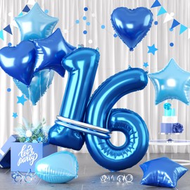 Blue Number 16 Balloons, Dark Blue Number 16 Balloons, 16 Number Balloon Set, Bule Foil Star Heart Long Balloon With For Boys man 16th 61th Birthday Party 1st 6th Kid Baby Shower Decor