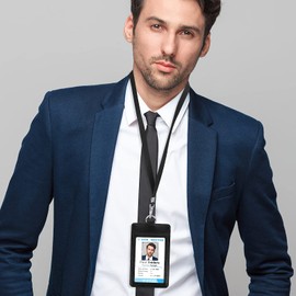 cobee PU Leather ID Badge Card Holder with Lanyard, 2 Card Slot ID Badge Holder with Detachable Neck Lanyard Clear ID Window Card Holder for Teacher Nurse Employees School Office Supplies(Vertical)