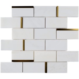 Tile Generation NBG-5 2x4 Subway Tile White and Gold Metal Stainless Steel Polished Marble Tile (1 Sheet)