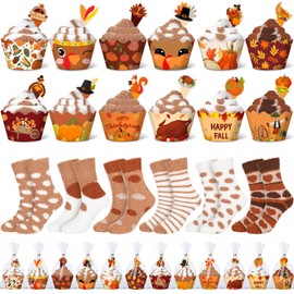 Suhine 24 Pairs Thanksgiving Cupcake Socks Autumn Fall Fuzzy Socks for Women and Girls DIY Gift Warm Slipper Soft Fluffy Socks with Gift Boxes