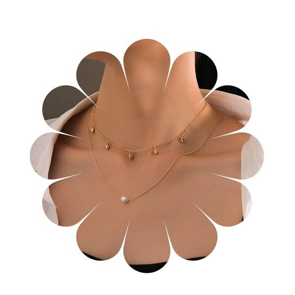 Andelaisi Boho Layered Pearl Choker Necklace Vintage Heart Tassel Drop