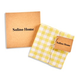 Solino Home 6" Marigold Yellow Linen Cocktail Napkins Set of 12 – 100% Pure Linen – Gingham Check