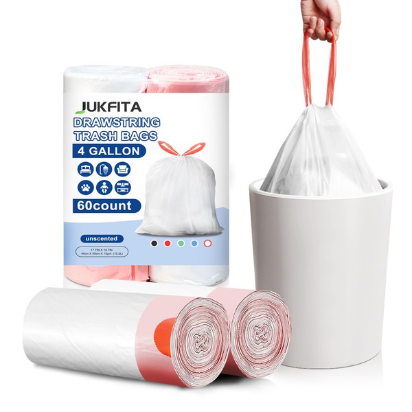 15 Litres Small Garbage Bags, JUKFITA Drawstring Sturdy Small Trash