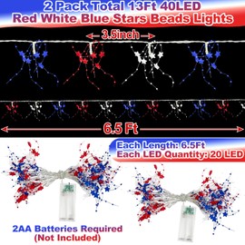 [Timer] 2Pack 4th of July Decorations Red White and Blue Lights, Fourth of July Stars Garland Bead String Lights Total 13Ft 40LED Patriotic Lights Battery Operated Bedroom Decor Home Indoor Outdoor